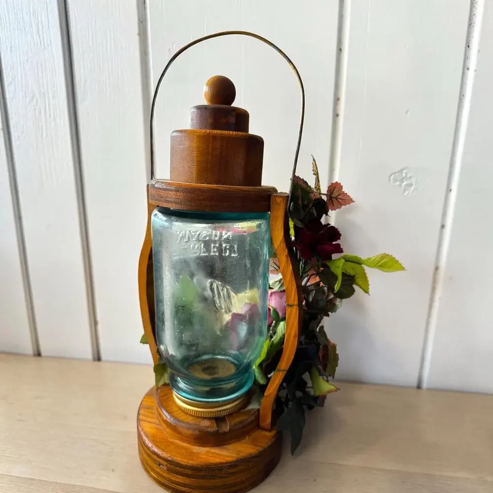 Vintage Handmade Wood Candle Lantern Aqua Perfect Mason Jar Silk Flowers